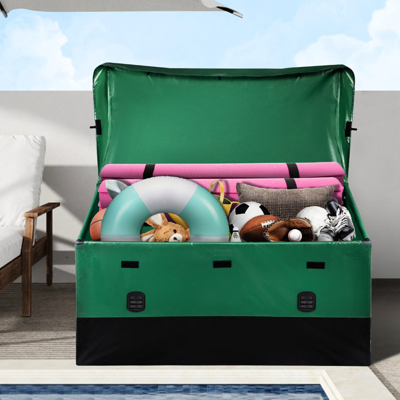 Boîte de rangement extérieure pour terrasse de 230 gallons, bâche en PE, structure galvanisée, poignées portatives, ventilation en filet, installation simple, boîte noire et imperméable, conception étanche à l'air, ventilation sans outil, installation sans outil,