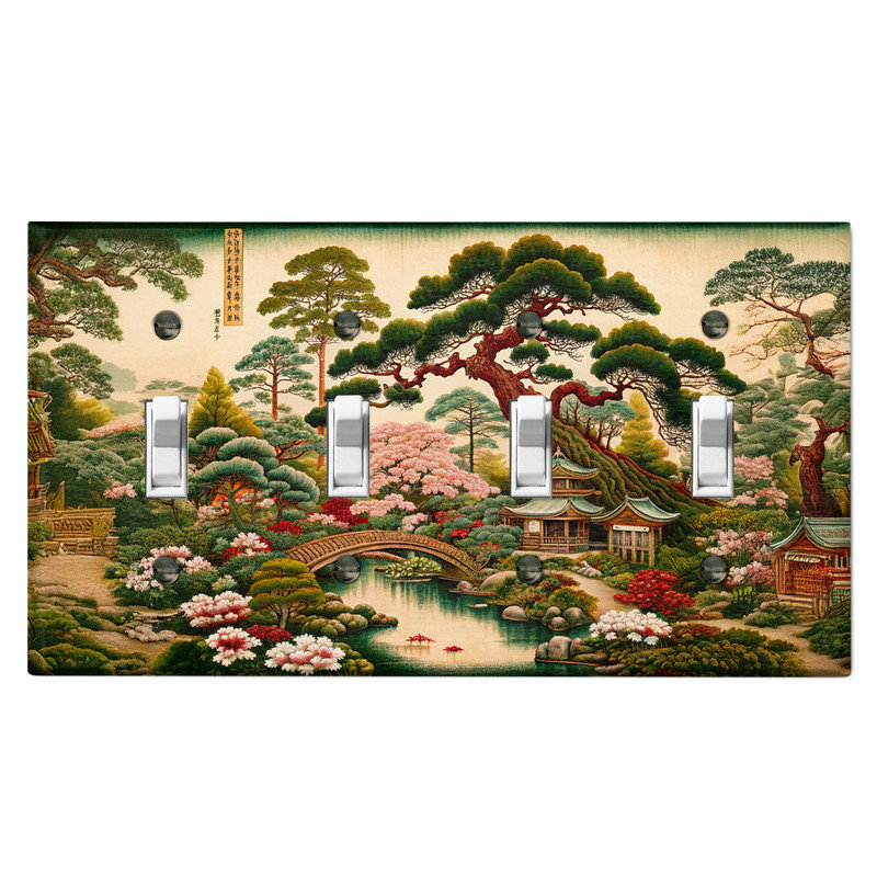 Couvercle de plaque d'interrupteur en métal; Bascule à 4 bandes US standard - Jardin japonais traditionnel, # 4 Quad bascule