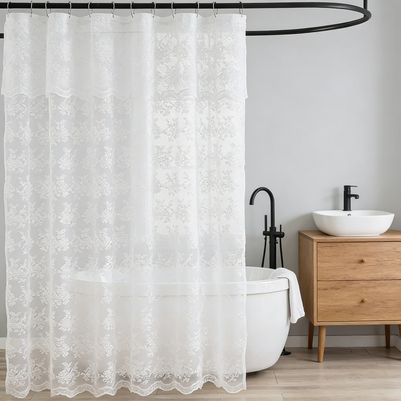 Rideau de douche en dentelle avec cantonnière attachée, motif floral brodé, bords festonnés et œillets renforcés, décoration de salle de bain semi-diaphane