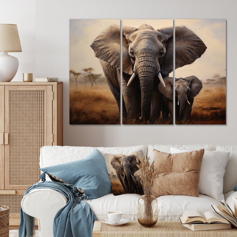 Éléphant tutelle sur toile, 3 pièces, H 28 po x l 36 po x P 1 po
