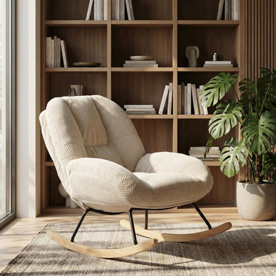 Modern Corduroy Rocking Chair with Wooden Base – Comfortable Lounge Chair for Living Room Bedroom Nursery, Cream