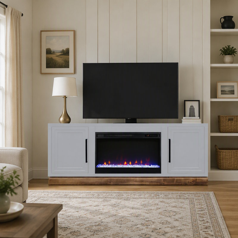 Meuble télé modulaire avec foyer électrique, rangement et chauffage d'appoint pour grands téléviseurs.
