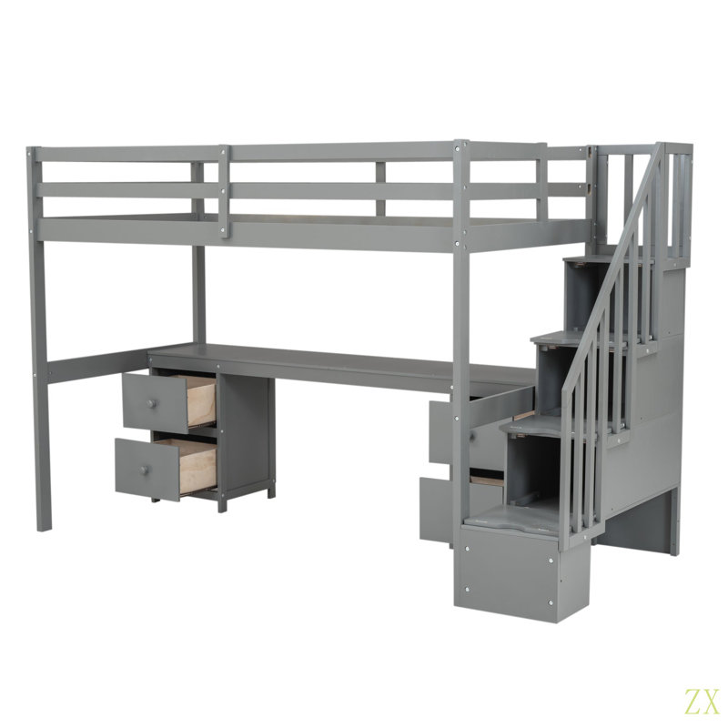 Structure de lit simple de taille mezzanine avec bureau intégré et tiroirs de rangement doubles, Gris