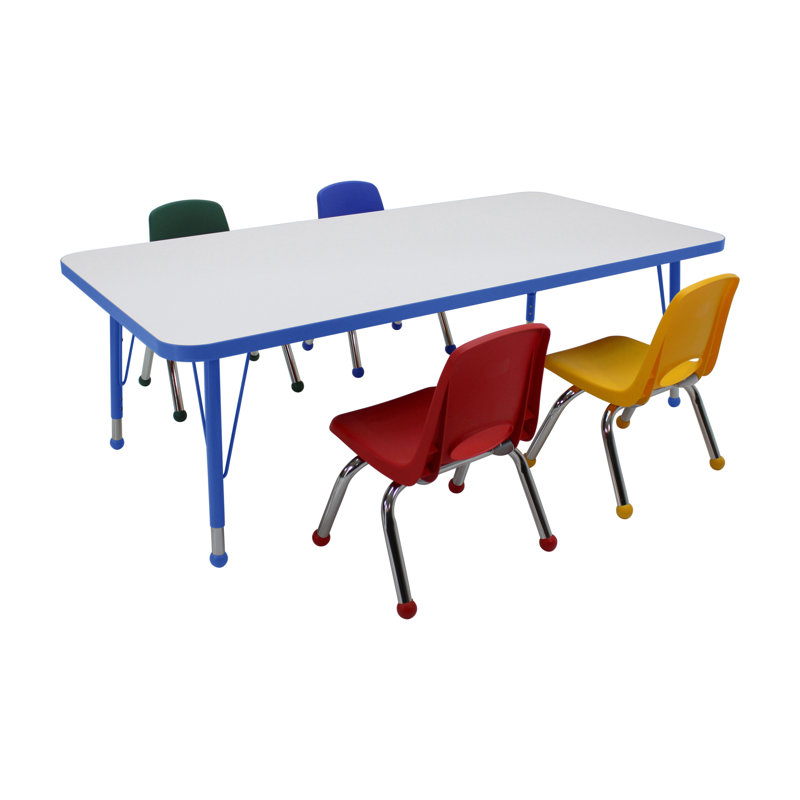 Ensemble de 5 tables d'activités rectangulaires effaçables à sec 30 "x 60" avec pieds standards et chaises empilables 10 "avec glissières à billes - tableau blanc / bleu / assortis