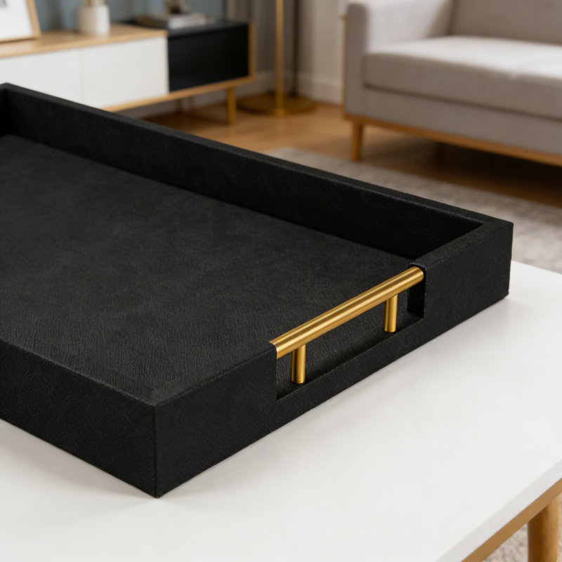 Faux Leather Wrapped Wood Serving Tray With Metal Handles - Versatile Ottoman Tray For Home Decor, Coffee Table Organization, And Bed Breakfast Serving