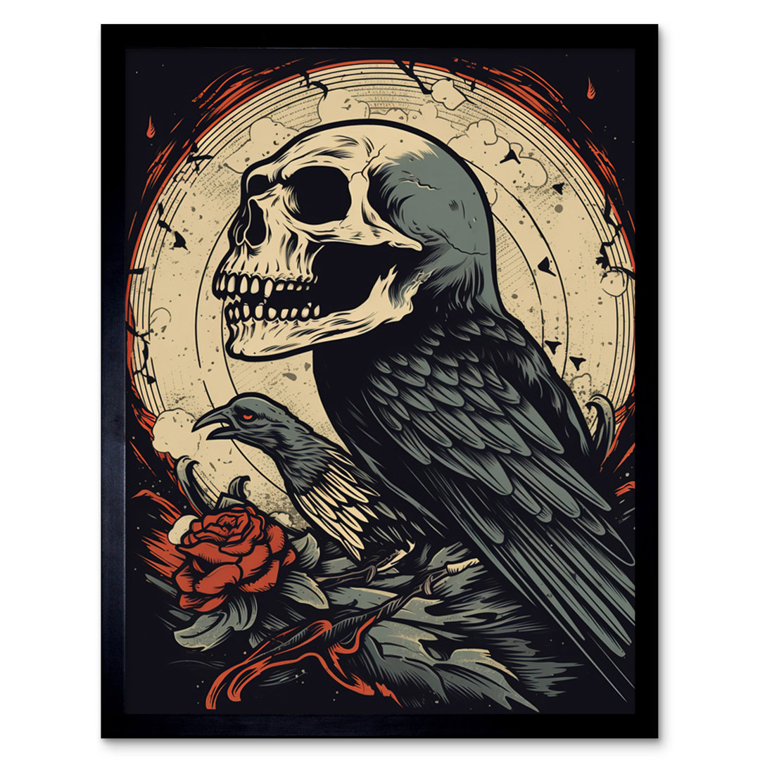 Aadishiv Raven Human Skull Old School USA Tattoo Ink Body Rockabilly Americana - Single Picture Frame Print