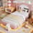 Full Size Bed Frame for Kids - Cute Velvet Princess Platform Bed with Upholstered Headboard for Girls/Boys, Solid Wood Slats Support, No Box Spring Needed, Pink + White-1920976228-1920976229