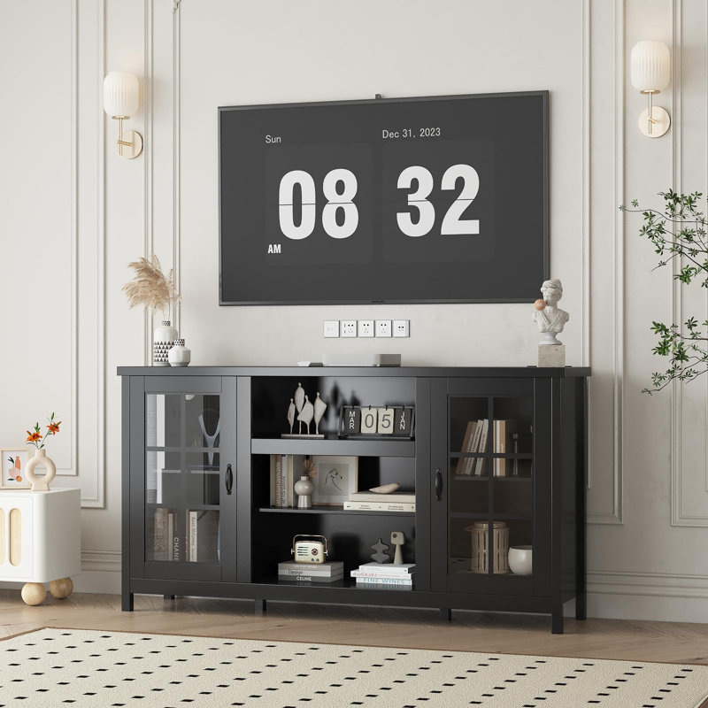 TV Stand, Wood Media Console with Storage Cabinets, 59"W x 13.8"D x 31.6"H, Modern Living Room or Office, Black