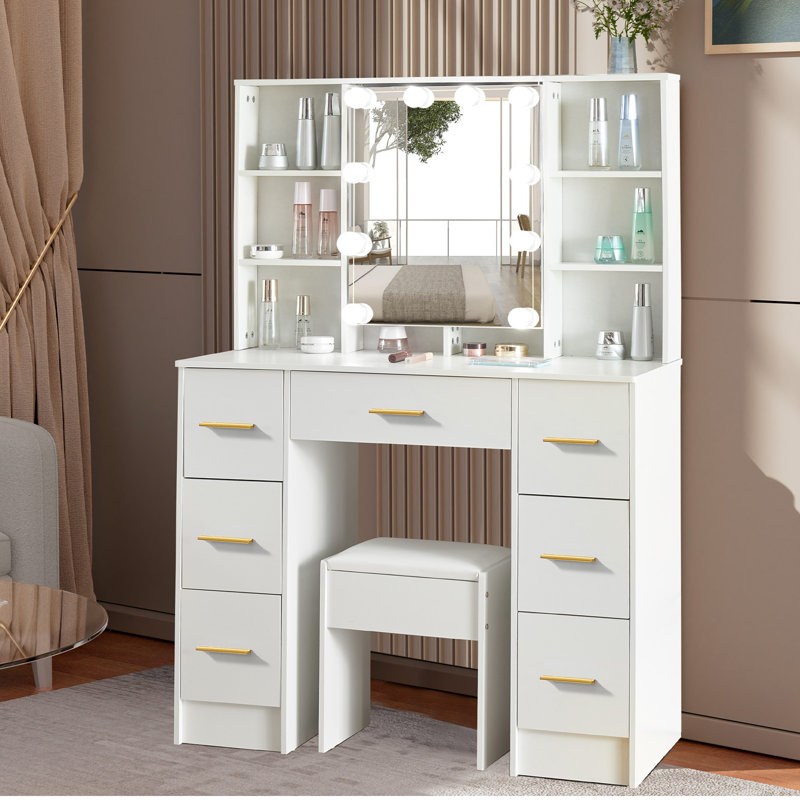 Coiffeuse de maquillage avec grand miroir et 10 lumières DEL