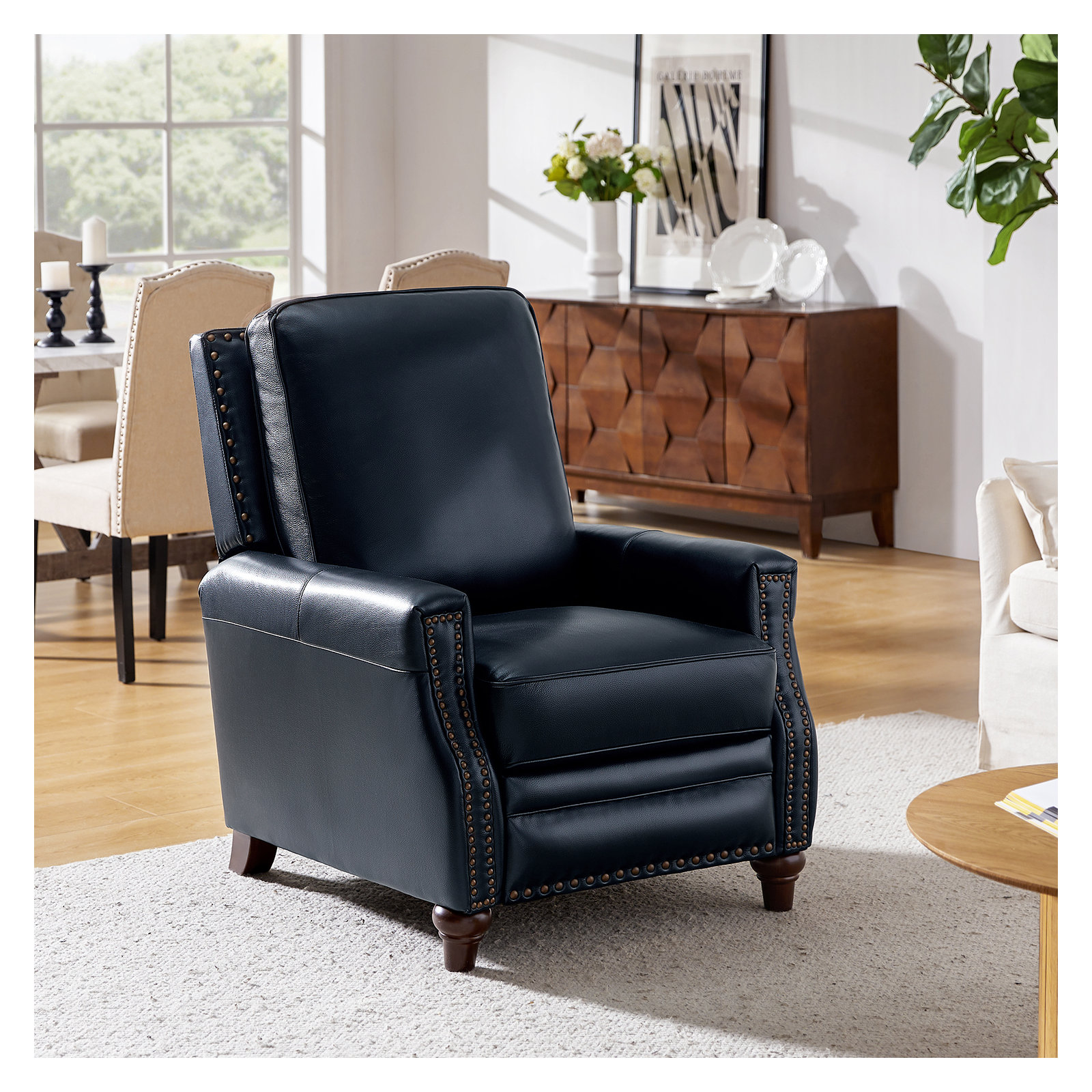 Andrena Genuine Leather Recliner with Nailhead Trim, Genuine Leather Navy