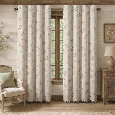 84 Inch Length Boho Floral Blackout Curtains, Linen Texture Farmhouse Drapes With Beige Tassel,2 Panels (Beige)