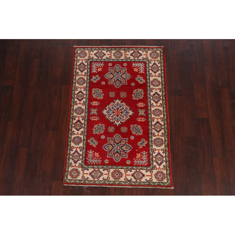 Tapis rouge / ivoire / bleu en laine noué à la main de conception unique 3 pi 4 po x 4 pi 11 po