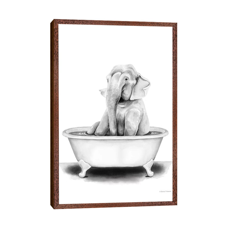 Elephant In Tub by Rachel Nieman - Painting on Canvas, 66.04 cm H x 45.72 cm W, Classic Brown Wood Framed