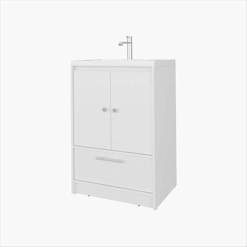 Meuble-lavabo autoportant blanc à 2 portes avec lavabo et tiroir inférieur, Blanc