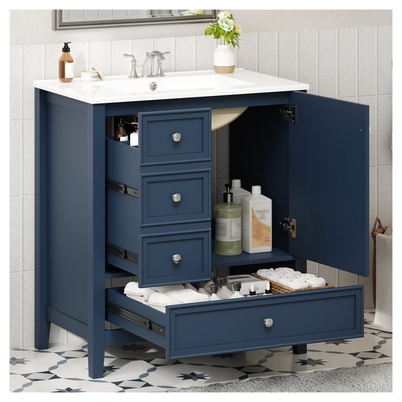 30-inch Single Sink Bathroom Vanity with Cabinet and Three Drawers in Blue, Solid Wood and MDF Construction, Blue