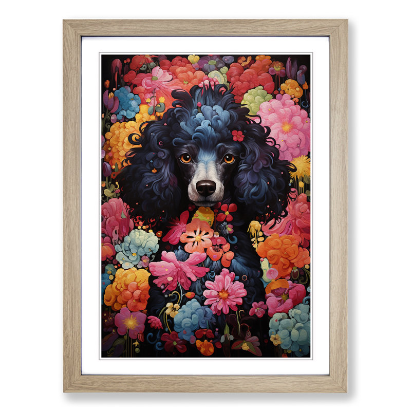 Poodle Expressionism - Single Picture Frame Print on Wood, Oak Framed, 46cm H x 34cm W x 2cm D