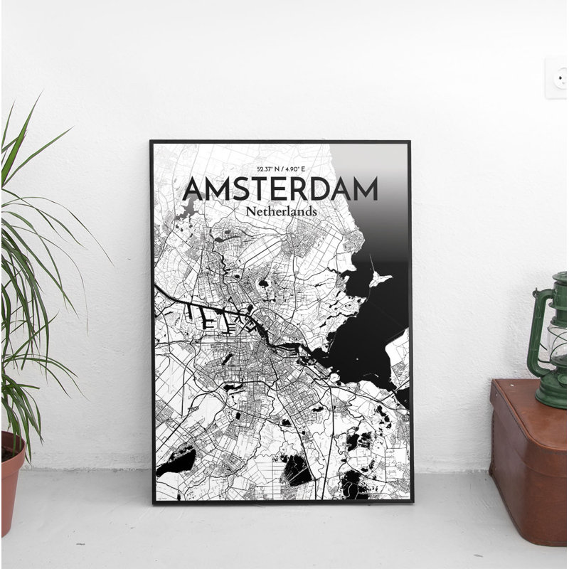 « amsterdam city map », reproduction d’impression sur affiche à motif encre, H 17 po x l 11 po x P 0,05 po