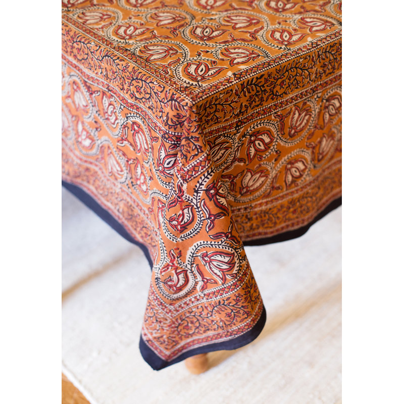 Oppenheimer Dabu Vine Block Printed Tablelcoth, 90" x 60", Orange