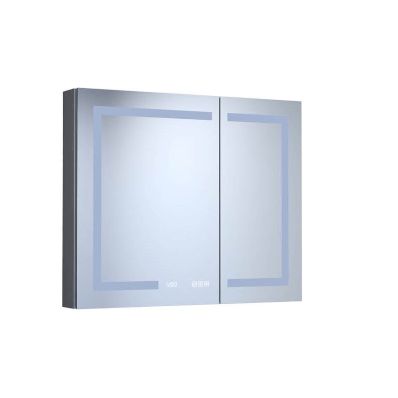 36 po X P 30 H, rectangulaire, aluminium argenté, armoire à pharmacie, DEL intégrée, horloge, fonction de brouillard, miroir de détection automatique intérieur, stations de charge,