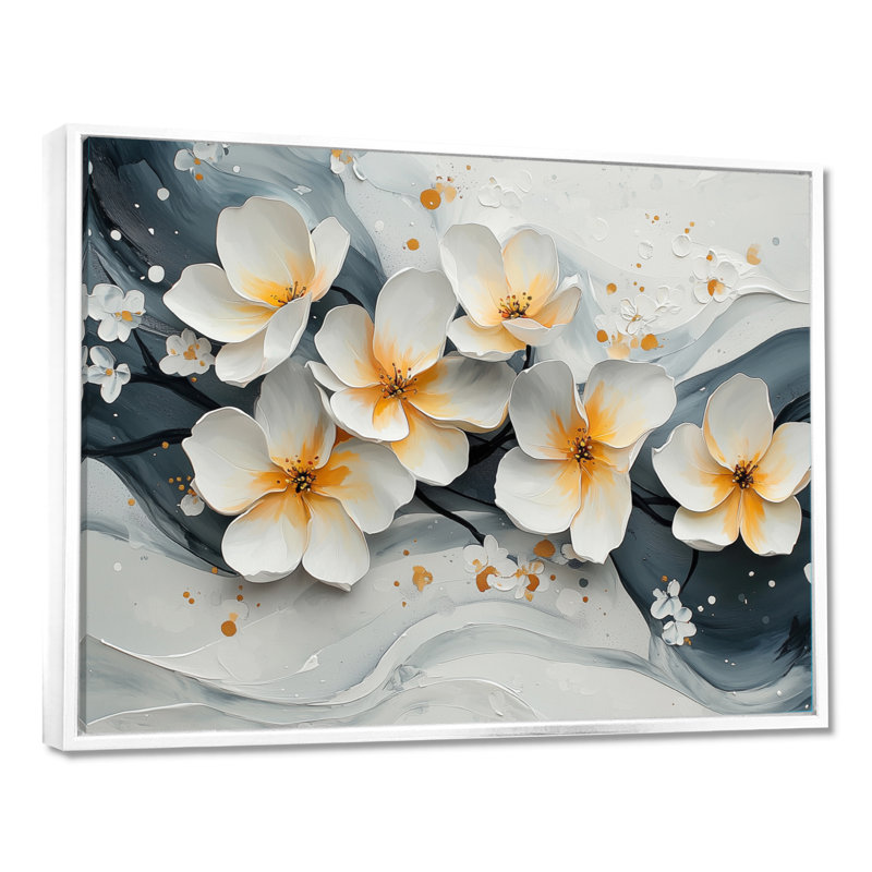 Velours fleur de cerisier noir II - impressions sur toile de fleurs de cerisier, H 30 po x l 40 po, Cadre flottant, Blanc