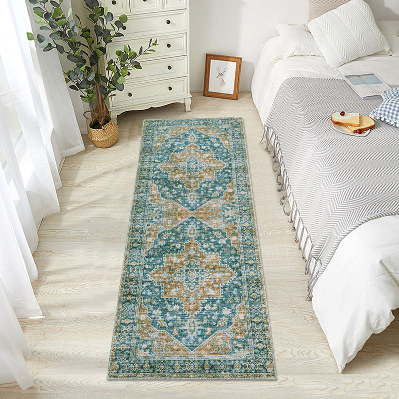 Tapis floral vert en polyester à la machine, Tapis de couloir 2 pi x 6 pi