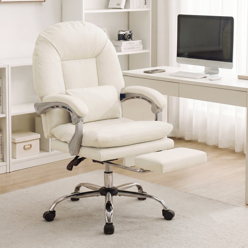 Fauteuil de direction avec repose-pieds, fauteuil de bureau inclinable et pivotant avec support lombaire, Blanc