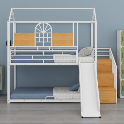 Metal House Bunk Bed With Slide And Storage Stair