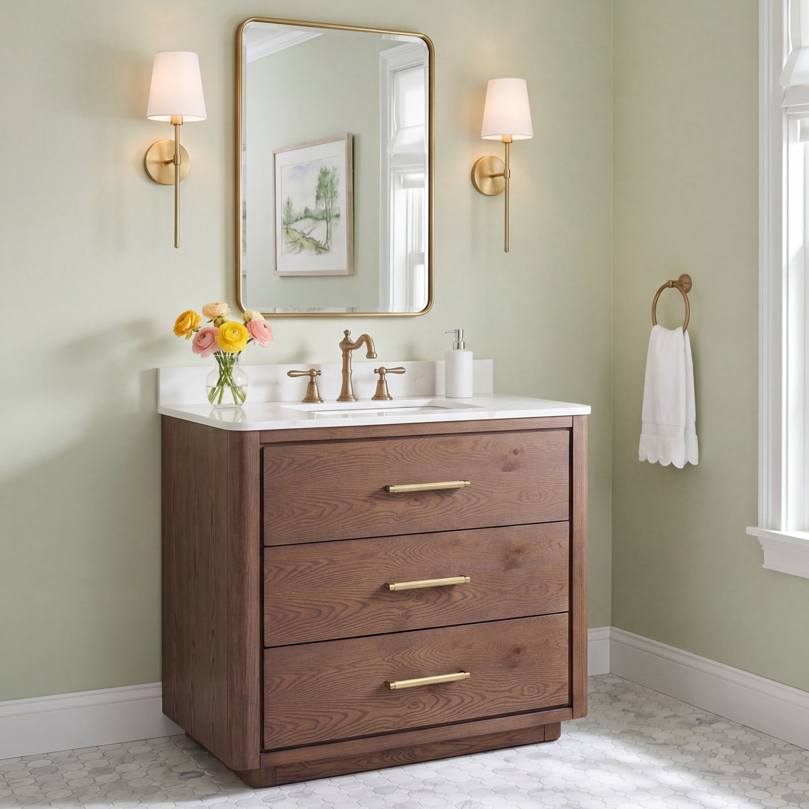 Porto 36'' Single Bathroom Vanity, Dark Brown Oak, Gold