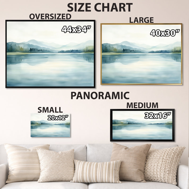 «Soft Lake Morning Reflection I - Blue Landscape», art mural encadré, H 12 po x l 20 po, Toile tendue