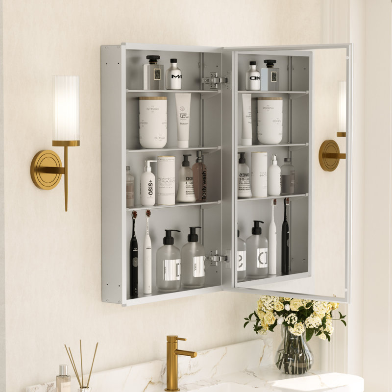 Armoire à pharmacie encastrée ou à fixation en surface sans cadre avec porte à miroir double face et tablettes réglables