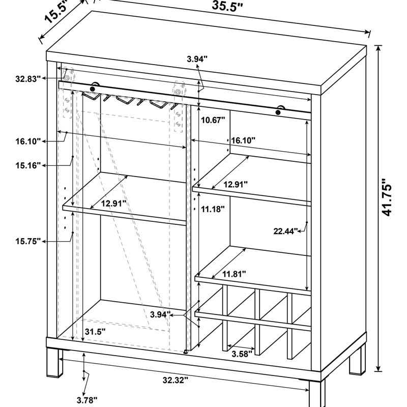 Meuble-bar rustique en chêne avec porte coulissante de style grange, étagères ajustables et pieds en acier noir. Capacité de huit bouteilles de vin à recevoir.