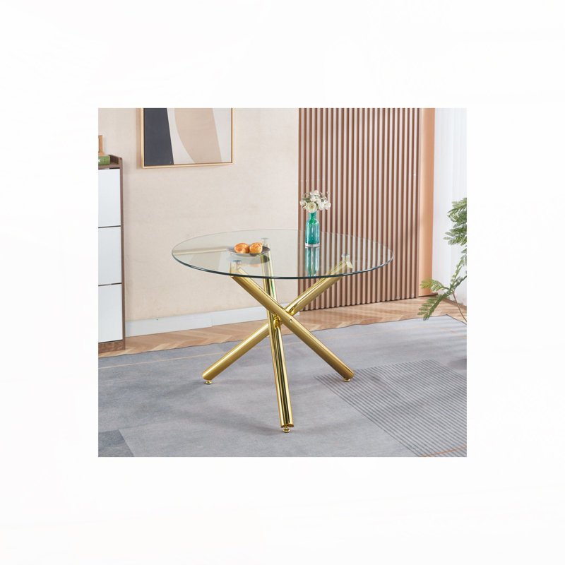 Table de salle à manger ronde avec pieds en métal et verre trempé, table de cuisine moderne pour le salon, Doré