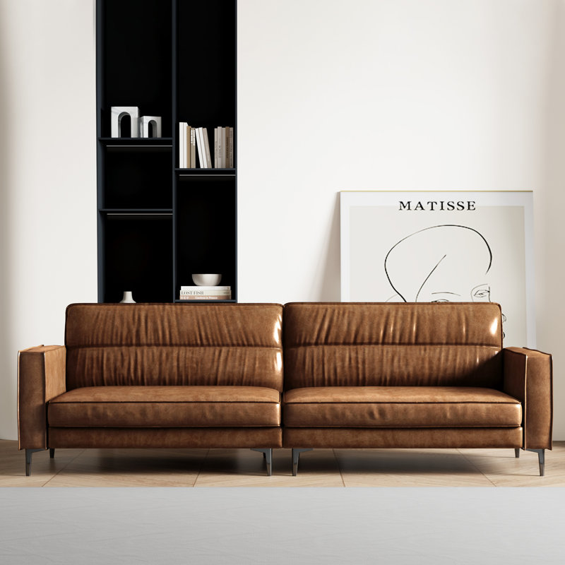 86.6" Mid-Century Modern Faux Leather Sofa, 3-Seater Glossy Vegan Leather Couch with Deep Seats and Channel Tufted Backrest for Living Room, Apartment