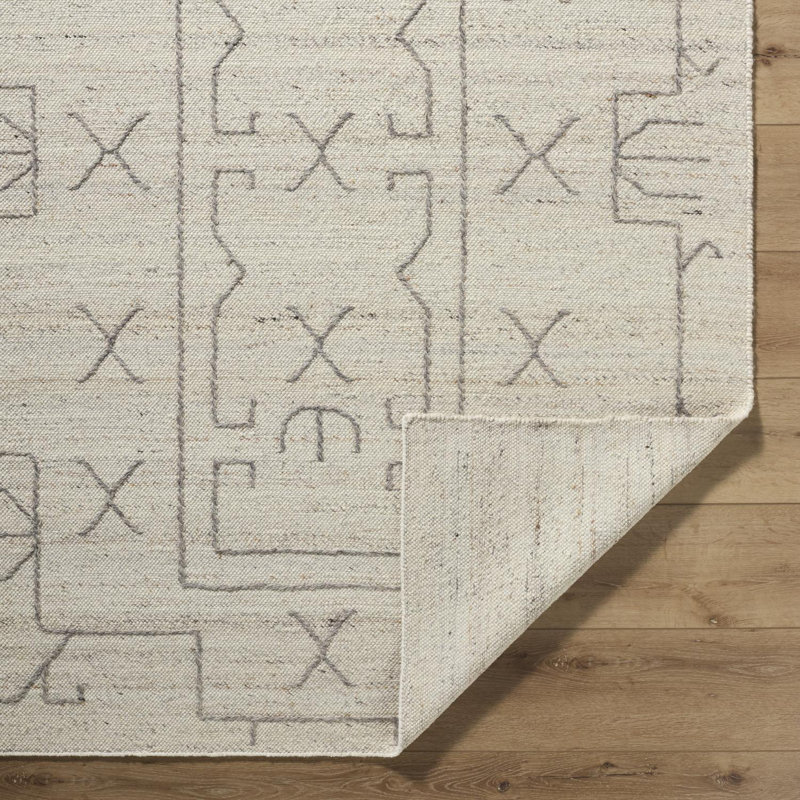 Rectangle Geometric Hand Woven Flatweave Wool Area Rug in Pearl, Rectangle 8' x 10'