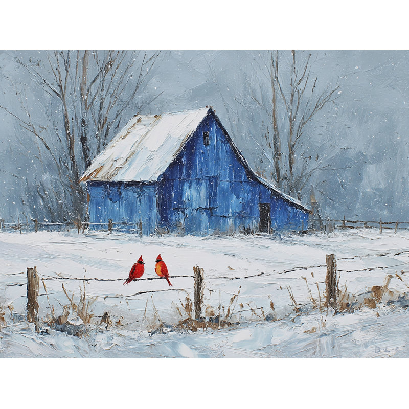 Winter Barn with Cardinals I - Art mural sur toile tendue, H 24 po x l 36 po