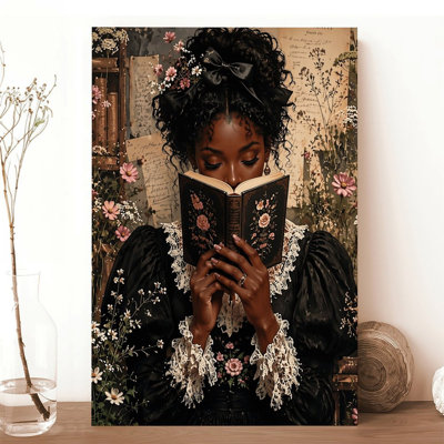 Canvas Wall Art Black Woman Reading Floral Book In Vintage Garden Vintage Poster Print Home Decor