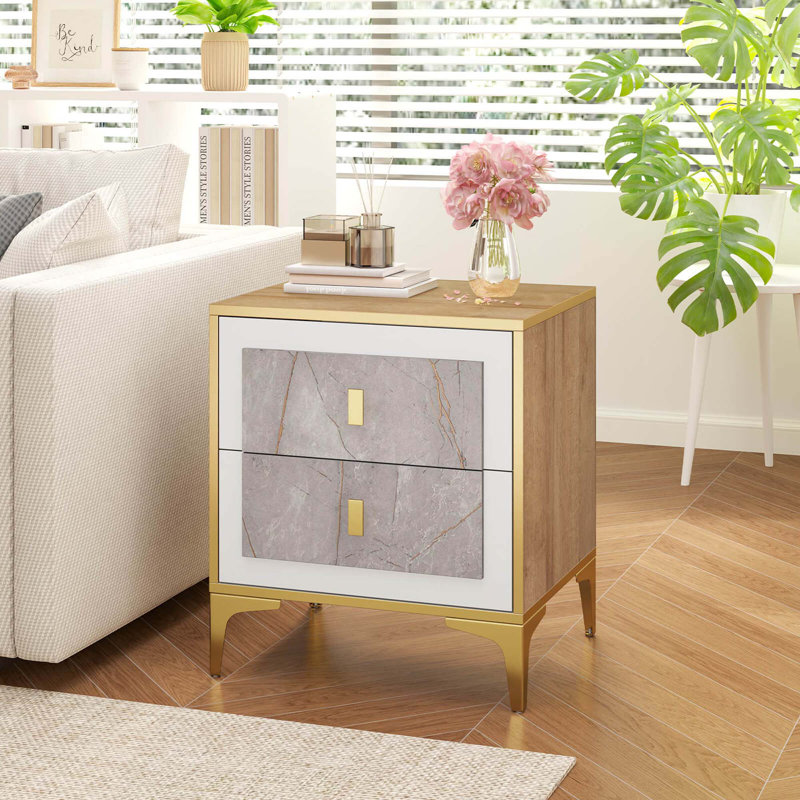 Table de chevet avec table d'appoint en faux marbre avec 2 tiroirs coulissants, 2