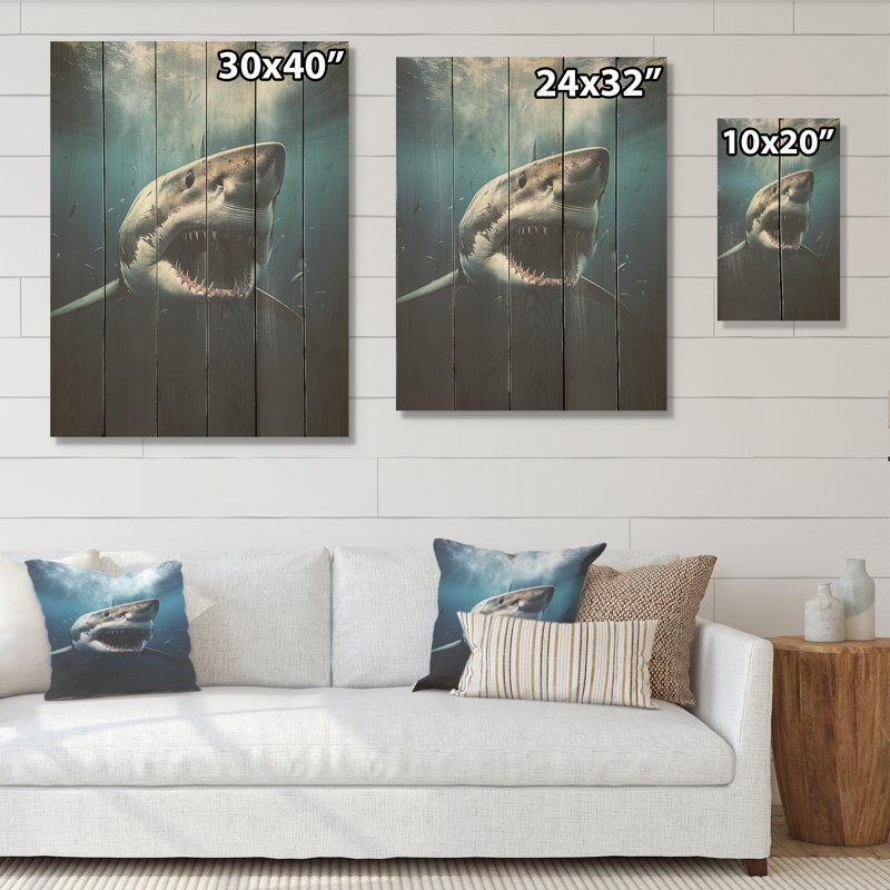 Blue Shark Apex Predator Photo - Shark Wood Art On Natural Pine Wood, 20" H x 10" W