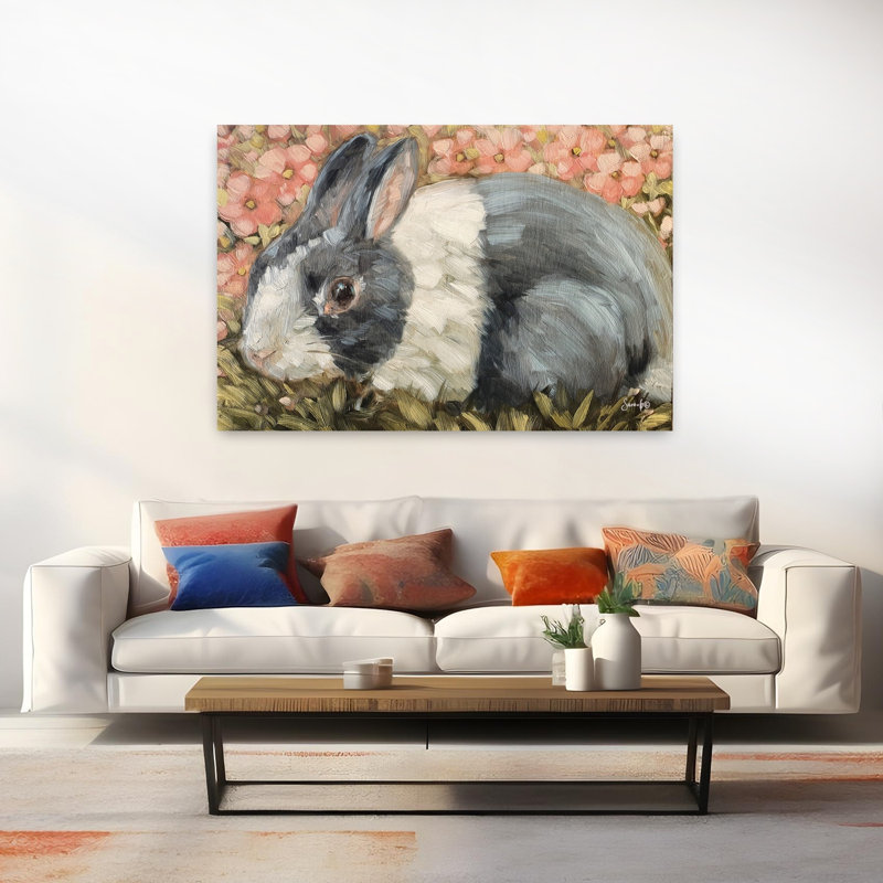 Mignon comme un bouton, lapin contemporain, art floral printanier, H 40 po x l 60 po
