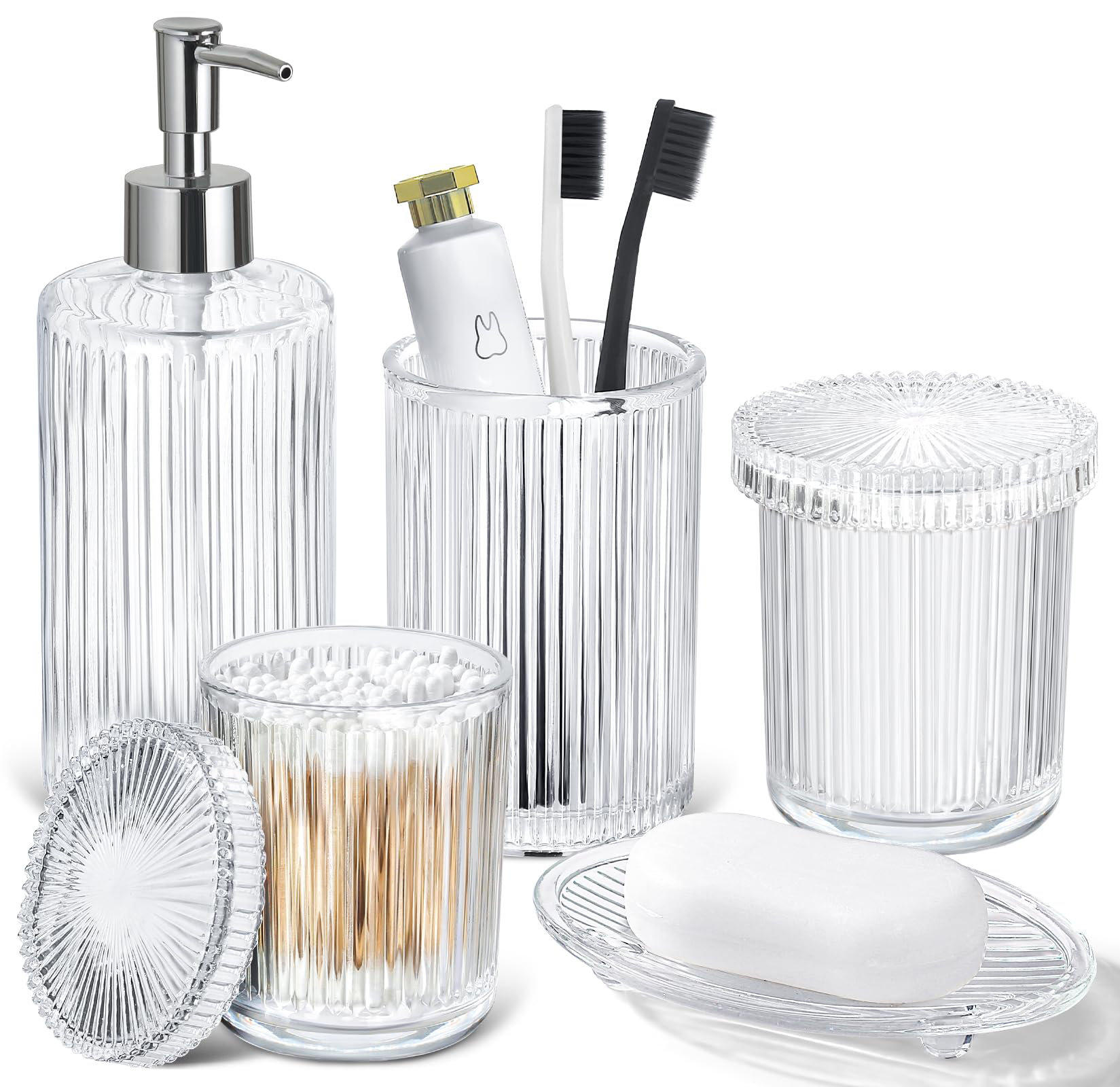 Ivy Bronx Bathroom Accessories Set, 5 PCS Clear Glass Bath Accessory ...