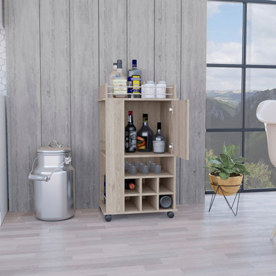 Chariot-bar avec armoire Fargo, 6 porte-bouteilles et roulettes intégrés