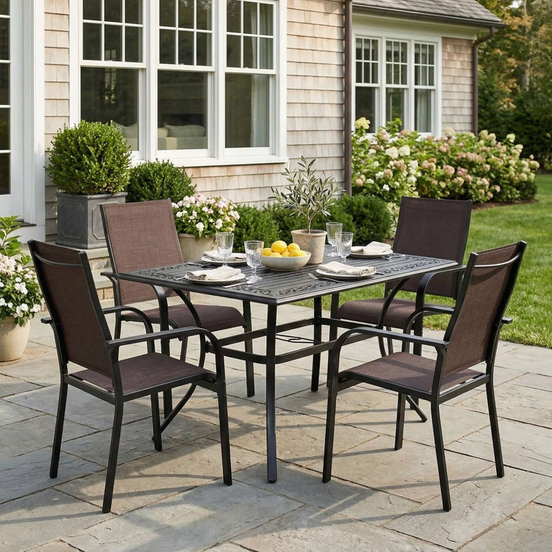 Ensemble de 4 fauteuils de salle à manger d'extérieur robustes et empilables pour la terrasse, 4, Brun