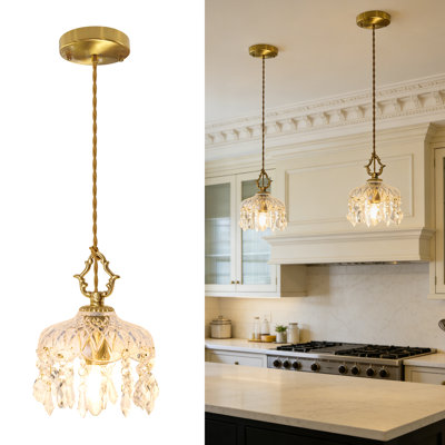 Mini luminaire suspendu vintage en cristal, abat-jour en laiton massif et verre texturé, petit luminaire suspendu câblé pour îlot de cuisine, chevet de chambre à coucher, couloir, entrée, hauteur réglable