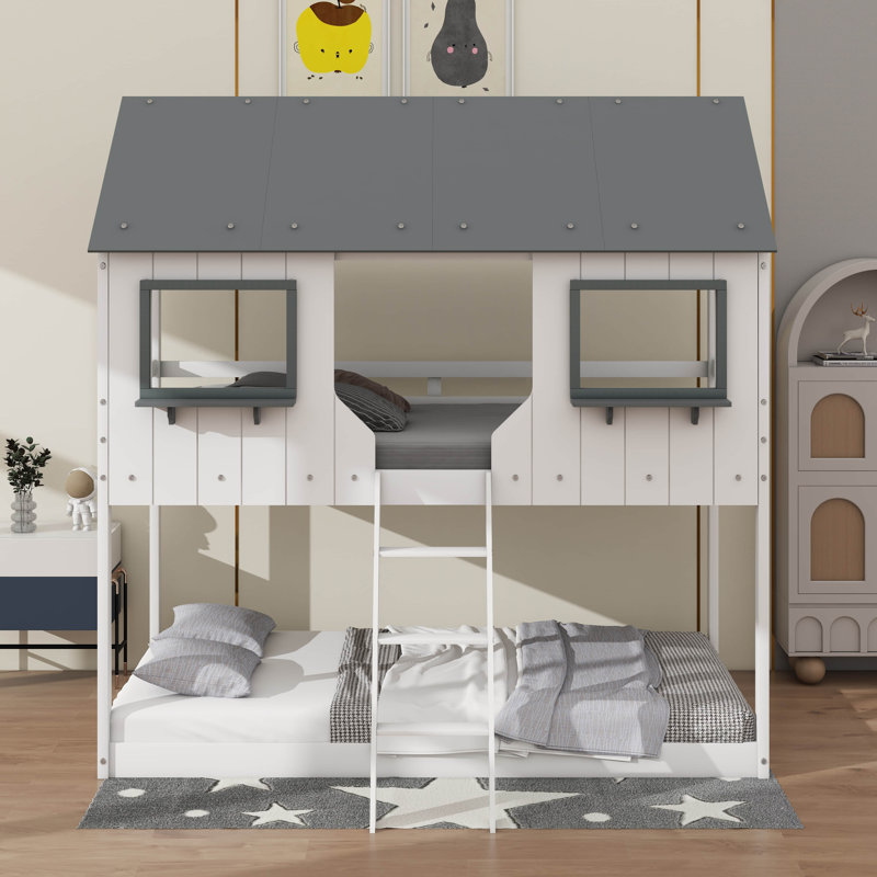 Lit superposé simple au-dessus de simple Lit en bois avec toit, fenêtre, garde-corps, lit superposé au sol avec échelle