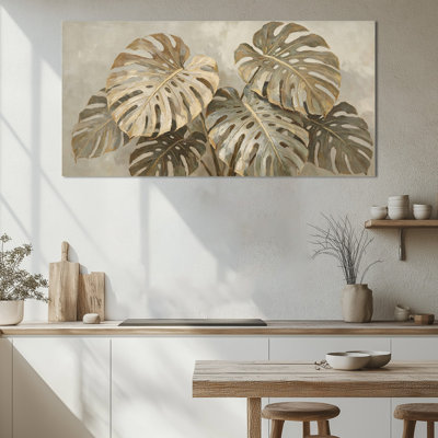  Tropical Wall Art - Golden Monstera Painting for Coastal Theme Home Decor, Tropical Leaves Jungle Wall Art for Living Room, Wrapped Canvas with Pine Frame, 16×32 inches