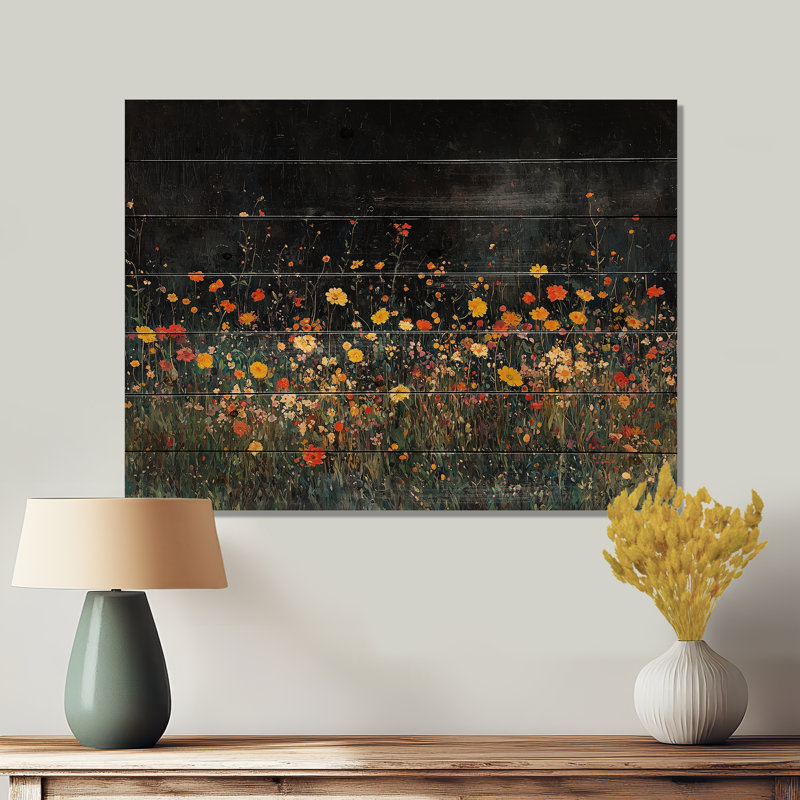 Yellow Wildflowers Mid Night Meadow I - Wildflowers Wood Print - On Natural Pine Wood, 34" H x 44" W x 0.78" D