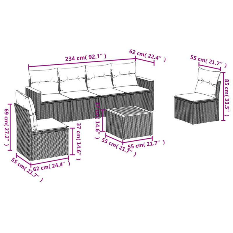  Ensemble de canapé de patio 7 pièces avec coussins en rotin de polyester noir