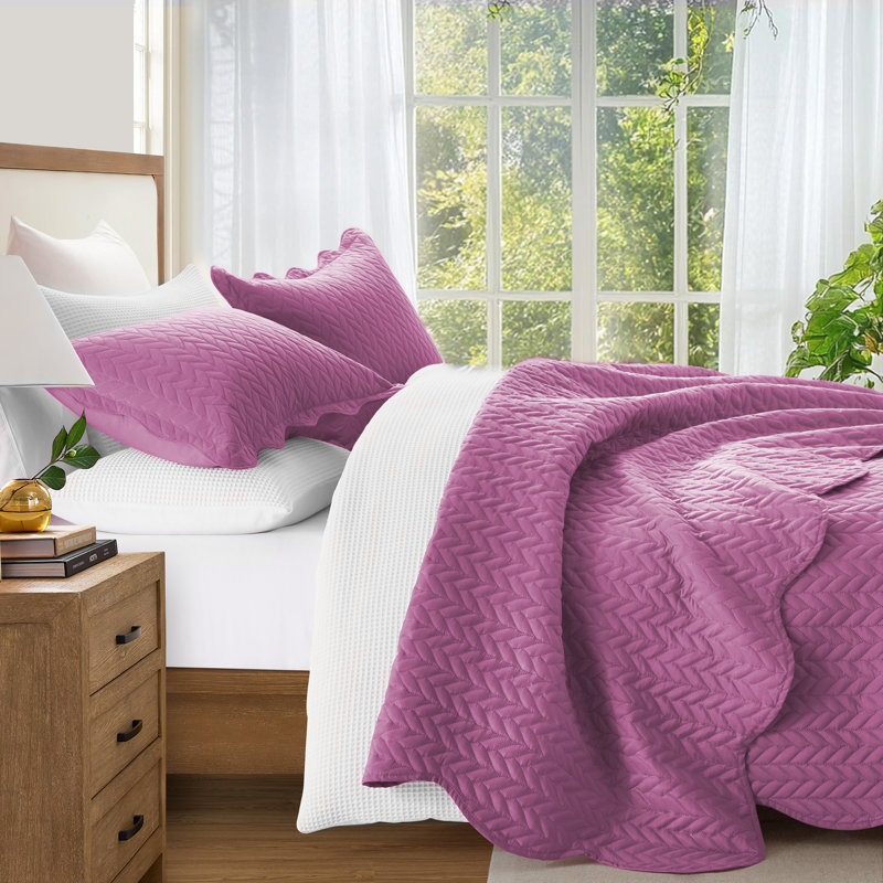 Embossed Microfiber Bedspread Set – All Seasoned Modern and Lightweight Bedding Set with Shams, Purple