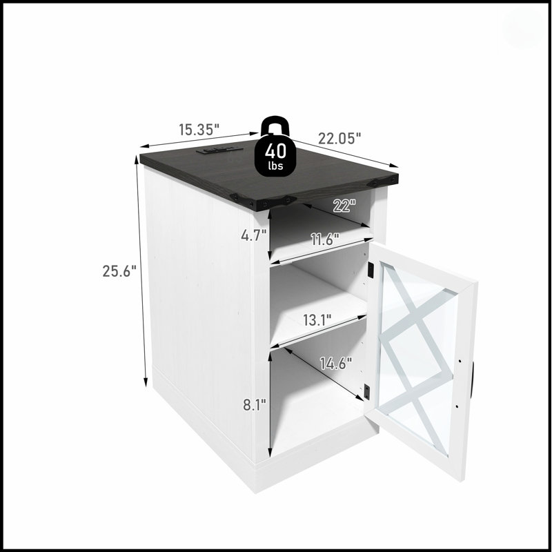 Table de bout Farmhouse avec station de charge, table de chevet rustique avec porte de grange et tablette réglable pour le salon, la chambre à coucher
