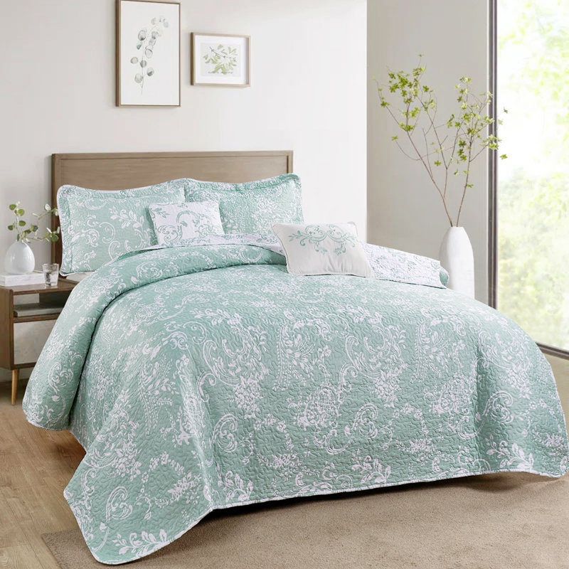 Ensemble courtepointe en microfibre imprimée de cinq articles LA Boheme, Vert sarcelle
